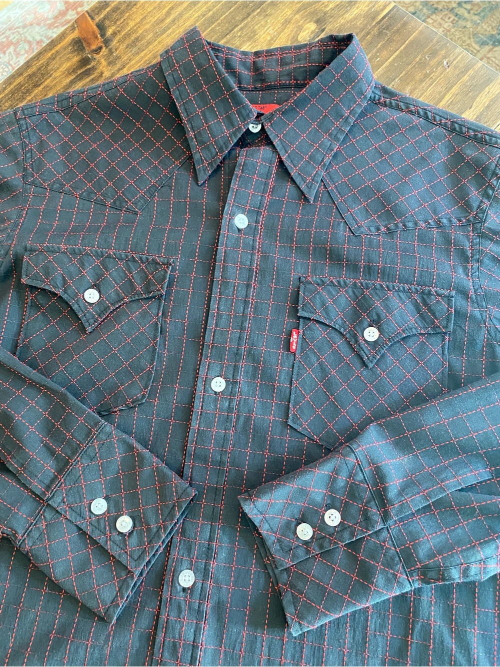 Vintage Y2K Levi’s Red Tab Western Shirt Men’s L Black Red Grid Stitch 2007
